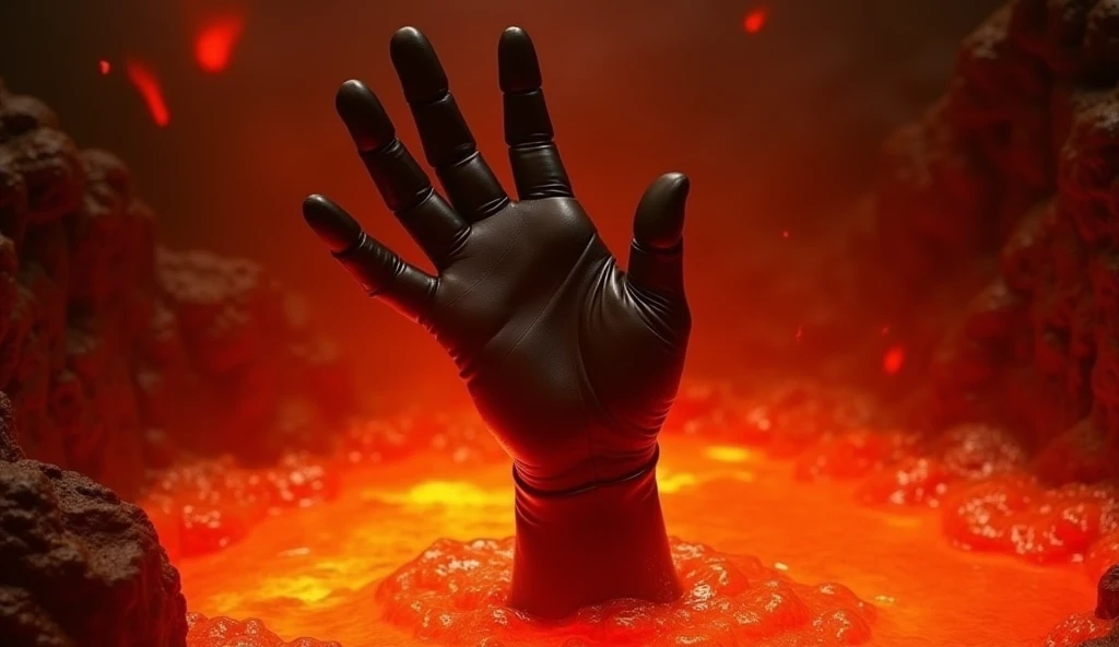 the terminator\(Movie\) Thumbs up wearing black leather gloves, Only his hand stretched out from under the hot pool of magma, Everywhere is dyed red by the heat, a scene from the Movie,Very famous scene, the climax of the Movie, Close-up of hands