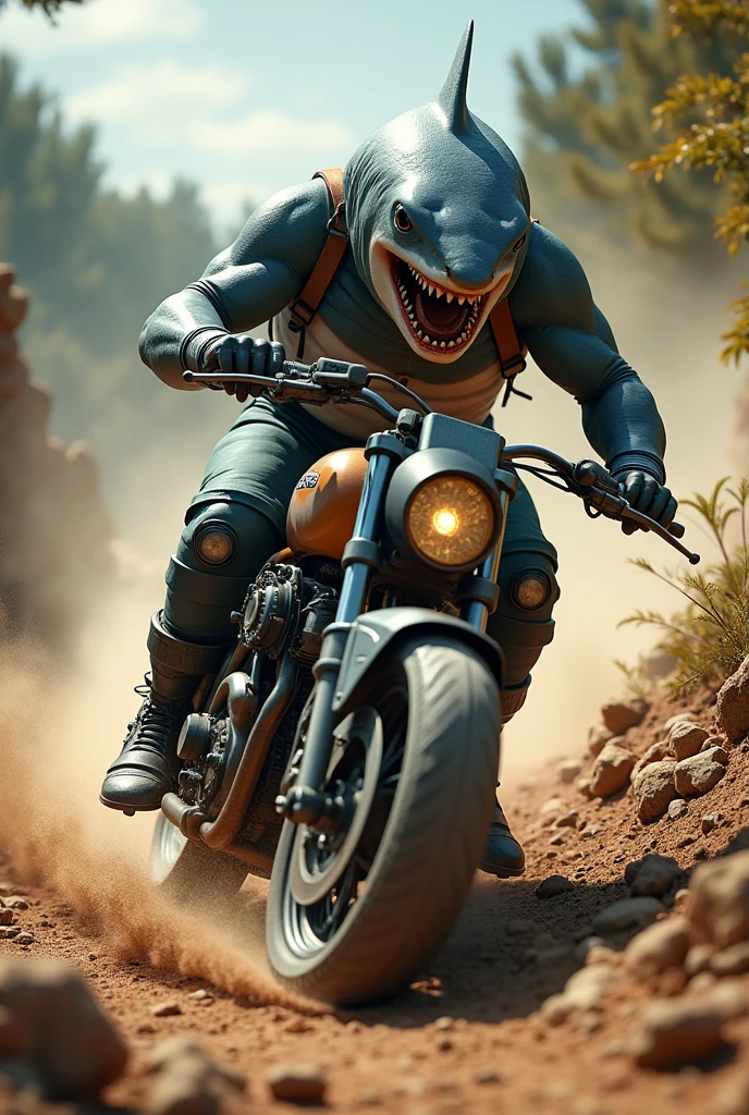 A shark wearing helmet driving bike in offroad looking real
