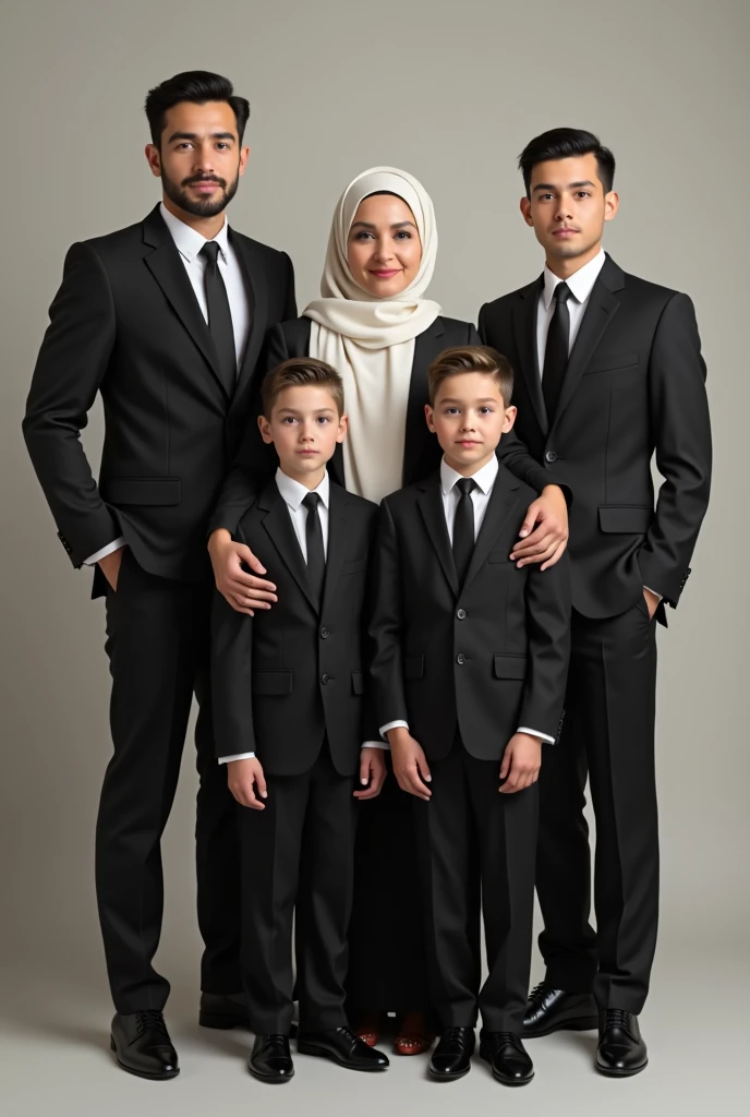 Make a family portrait wearing suits and ties, one mother and three men..
50 year old mother wearing hijab 3 boy with neat hair and white skin 30 year old boy with neat hair and white skin fat body 2 boy with neat hair and white skin 