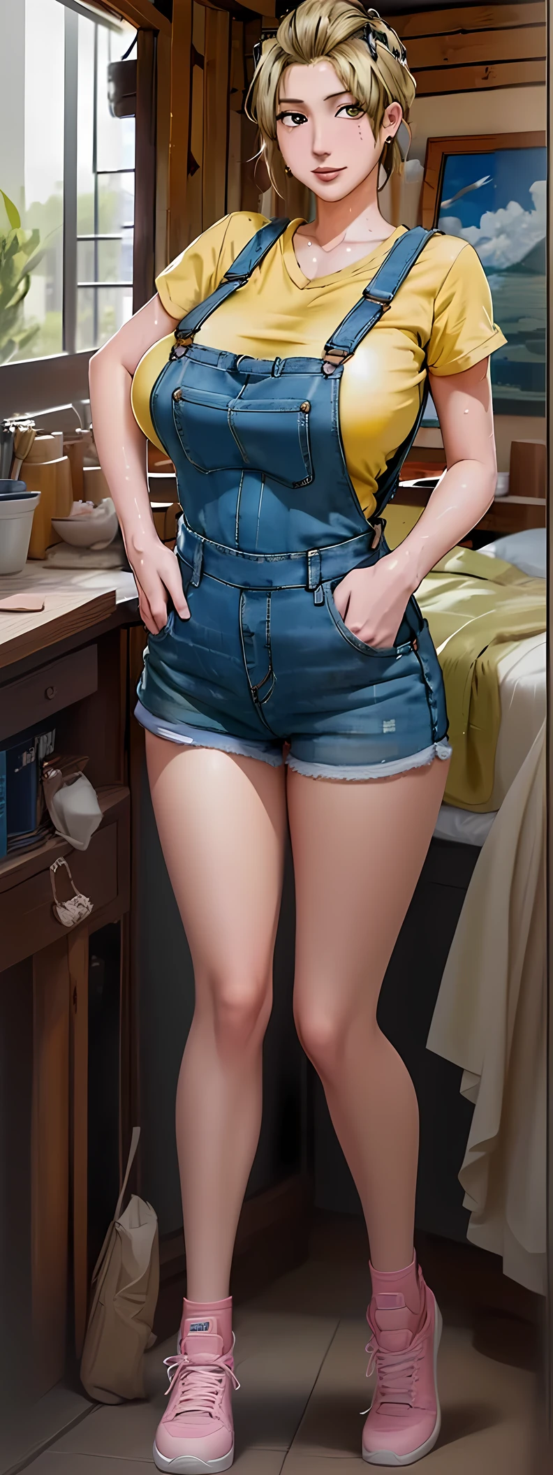 full body of woman, tall, woman wearing, pink ankle socks, yellow sneakers, accurate human anatomy, feminine body , bedroom background, ((wearing blue jean overalls low rise shorts)), (detail pussy), (standing up) ((((masterpiece, best quality, high resolution)))), Extremely detailed 8K, Beautiful girl with voluptuous body, (Ultra HD, Ultra-detailed, Highly detailed, Highly realistic, Ultra-realistic, photograph realistic), (1girl:1.5)