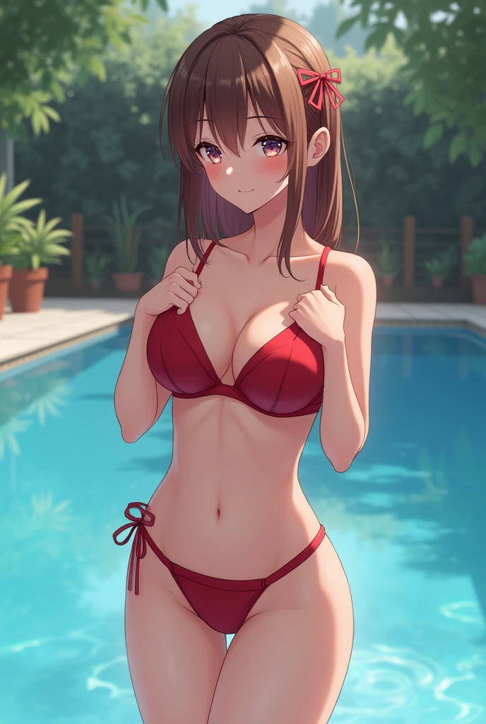 2 girl in red bra and red pant. Show her nipples. She is standing on swimming pool.