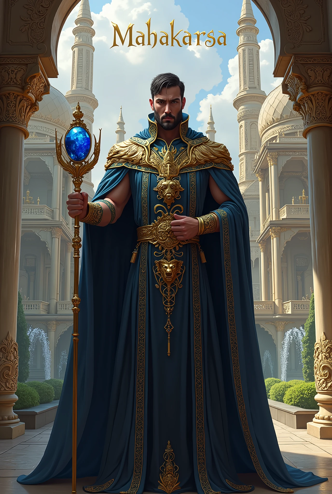 Raja: An adult man with a sharp gaze. He held a blue gemstone scepter. Robe: Long dark blue robe with gold embroidery with a lion symbol. Magnificent palace with mixed Javanese and Islamic architecture. There are towers that rise to the sky, gardens with fountains. Art Style: Realistic with a touch of Fantas with the writing in the middle, namely MAHAKARSA