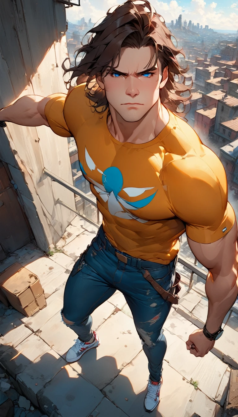best quality,4k,8k,highres,masterpiece:1.2),ultra-detailed, extremely detailed eyes, extremely detailed body, (large masterpiece digital art), (detailed manga illustration), (detailed line art), ((perfect anatomy)), (intricate details:1.3), (ultra-detailed:1.3), (illustration:1.3), (sharp focus:1.3), (natural lighting:1.05), (vivid colors:1.3), (masterpiece), (best quality:1.4), (perfect anatomy:1.4), high quality, expressive eyes, full body, detailed face, beautiful face, perfect face, (((1boy))), angry, (((male focus))), muscular, detailed messy hair, long hair, brown hair, blue eyes, t-shirt, jean pants, sneakers, cinematic lighting, dramatic atmosphere, Atey Ghailan, Jeremy Mann, Greg Manchess, Antonio Moro, trend in ArtStation, trend in CGSociety, Intricate, High Detail, Sharp focus, dramatic and photorealistic painting art by Midjourney and Greg Rutkowski, Jeff Bridges, ((cartoon style)), Marvel Cinematic Universe style, (((ruined city in the background))),