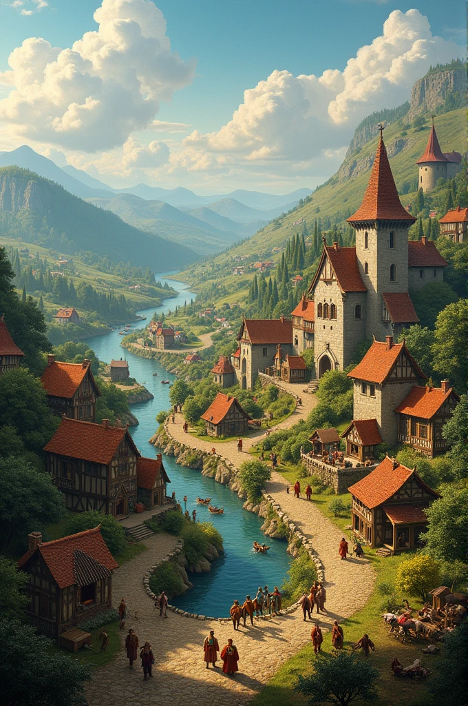 Scenes of medieval Europe, rise of small kingdoms, peasants busy at work, small castles and village life.