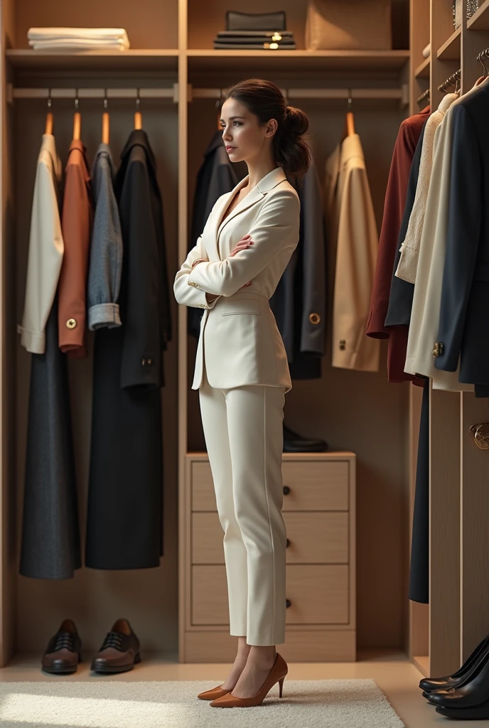 A woman choosing between different clothes in an organized closet, showing options for different work environments