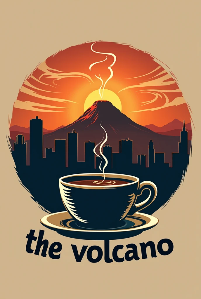 Logo of a coffee cup in the city with the name "The Volcano" (as it is written)