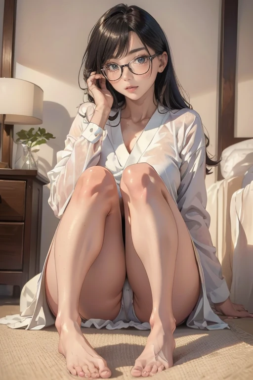  (best quality,4K,8k,highres,masterpiece:1.2),ultra-detailed,(realistic,photorealistic,photo-realistic:1.37),intricate details,natural lighting,soft muted colors,There is a woman sitting on the floor with her legs crossed..., Japanese Model, Wearing glasses on, Wearing square glasses, Young Sensual Gravure Idol, Yasumoto Oka, Genuine young gravure idol, Wear glasses, Surreal,Provocative,((Beautiful Skin)),((Skin Texture)),((Real Touch)), healthy, unreddish skin, Cute freckles on the cheeks,Mole under left eye,barefoot, The soles of the feet are visible,