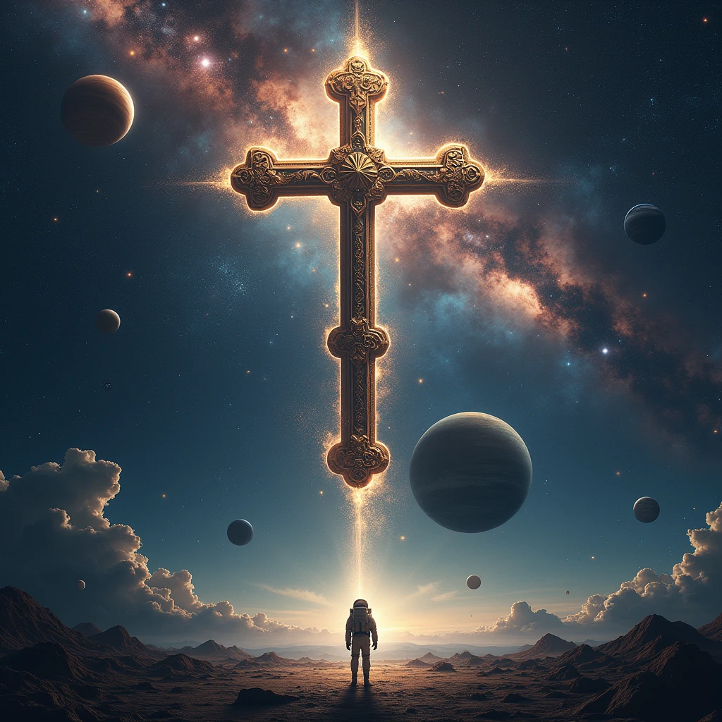 The Cross , in outer space , planets , stars , constellations , an astronaut