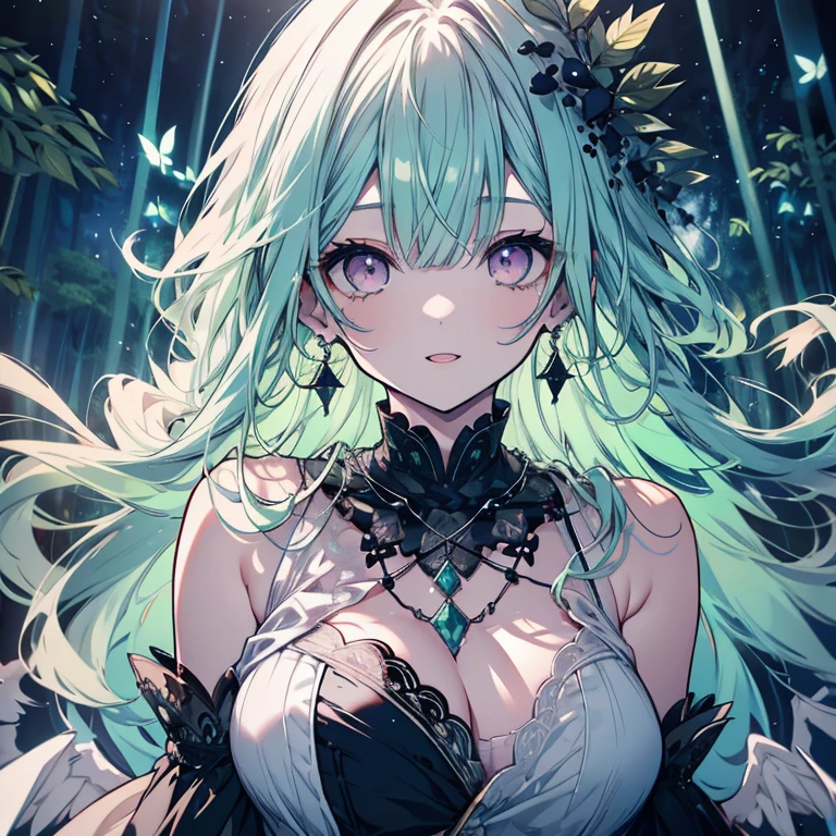 1 person、Mature、Ample breasts、Long Hair、Mint green hair、Curly Hair、Trimmed bangs、White skin、Pink Eyes、Long eyelashes、Black Dress、necklace、bracelet、Jewelry decoration、Ballerina Costume、in the forest、Night Forest、mysterious、Earrings、Black wings、Transparency、Diva、Open Mouth、smile、Diva、Blue light、Garter on the thigh、High resolution、Highest quality