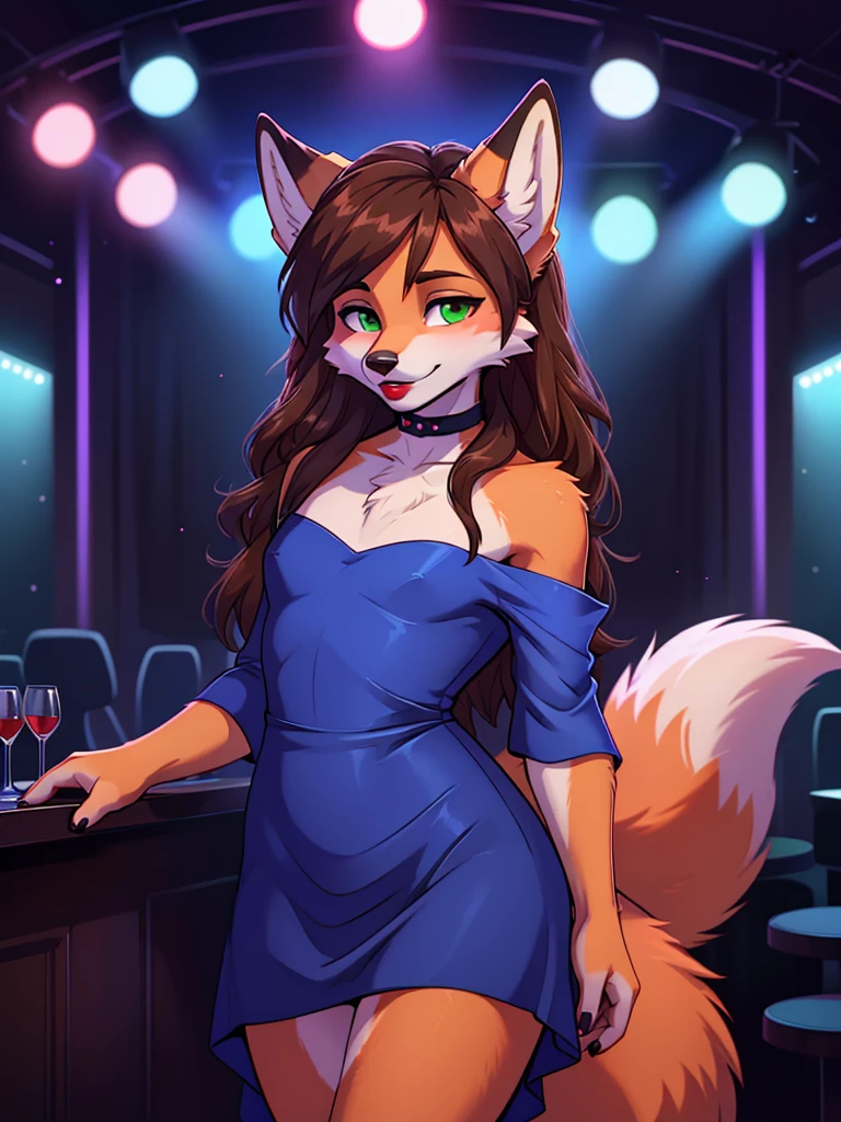 Best quality, furry male fox with green eyes, with brown long hair, with black spout, with red lipstick on lips, big lips, in a blue dress, crossdressing,  shy, with a choker around his neck, off-the-shoulder dress, flirts, sexy pose, portrait, against the backdrop of an empty nightclub