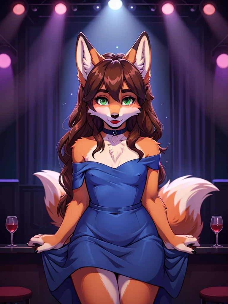 Best quality, furry male fox with green eyes, with brown long hair, with black spout, with red lipstick on lips, big lips, in a blue dress, crossdressing,  shy, with a choker around his neck, off-the-shoulder dress, flirts, sexy pose, portrait, against the backdrop of an empty nightclub