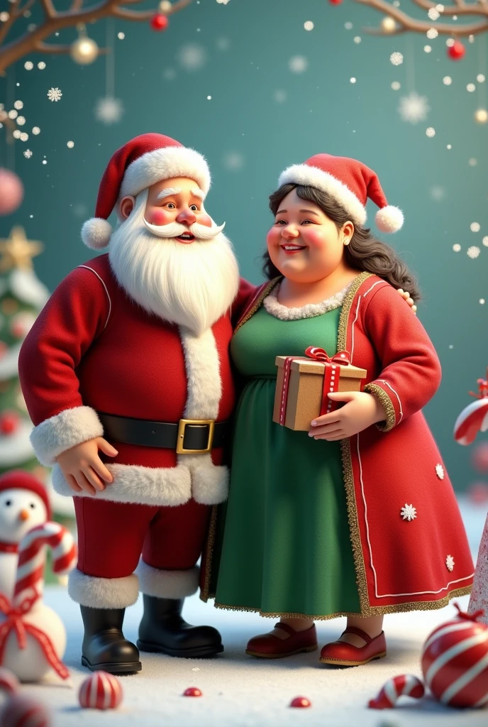 Santa Claus with his chubby wife, black hair, Snowman, Snowflakes, candy canes, Gingerbread man, Christmas time