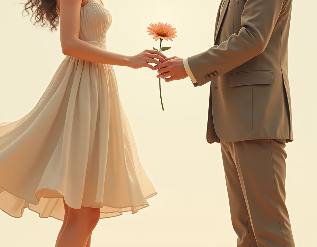 A woman and a man hold hands, the man holds a flower, the woman wears a cylinder skirt, only the skirt part is visible, the torso part is not visible.