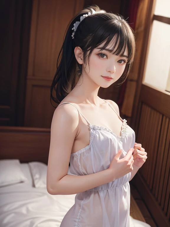 masterpiece, best quality, extremely detailed, (illustration), 8k cg wallpaper, absurdres, 1girl, negligee, small breast,ponytail, beautiful face, hands behind body, photorealistic, depth of field, anatomically correct, textured skin, UHD,hotelroom