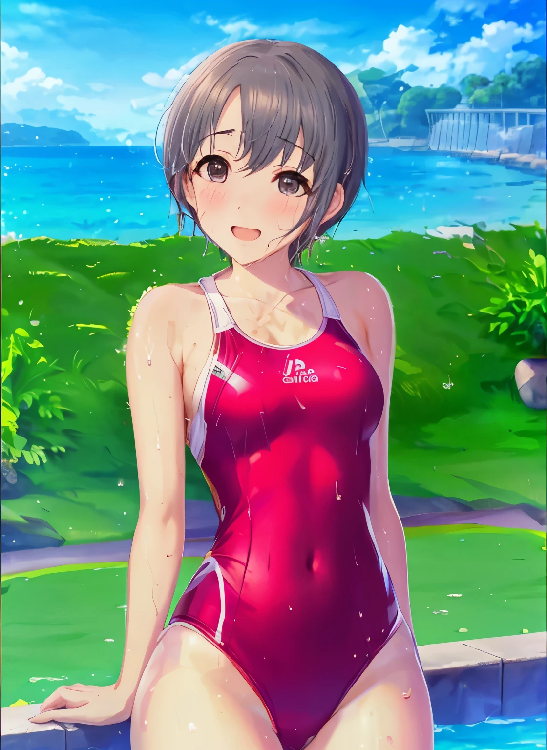 Yuuki Otokura seaside 9_score 8_score_up 7_score_up ultra_detailed official_art game_cg (backgrounde_seaside:1.1) sweat_drops red_swimwear black_eyes (abs:0.7) groin flat_chest
