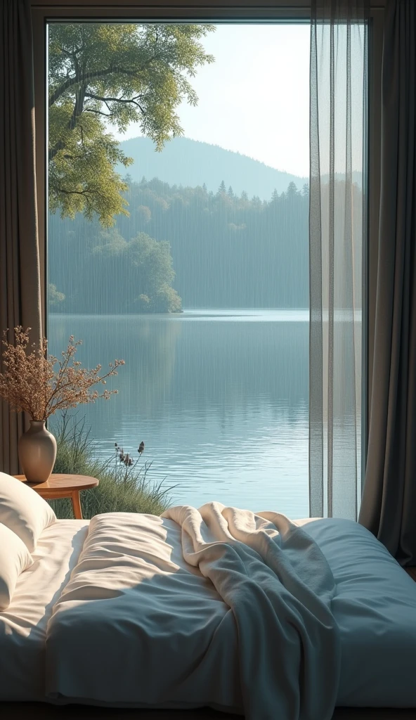 A serene bedroom with a view of a calm lake, rain softly falling on the water’s surface. The gentle ripples and the muted sound of raindrops create a peaceful ambiance.