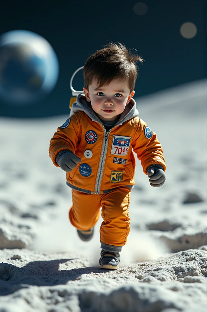 A boy are running in moon with astronaut jacket
