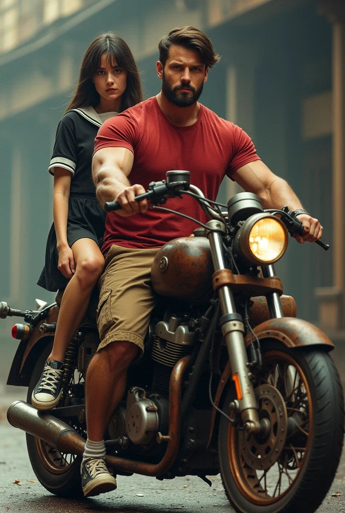 Muscular man wearing a shirt with long shorts Long loose shorts With pockets on the sides with converse sneakers red T-shirt and brown shorts Long short, Normal musculature With beard and baseball cap Realistic musculature On a rusty and worn steampunk motorcycle and affected on her back a small adult woman in school uniform Sailor uniform with short skirt movie poster