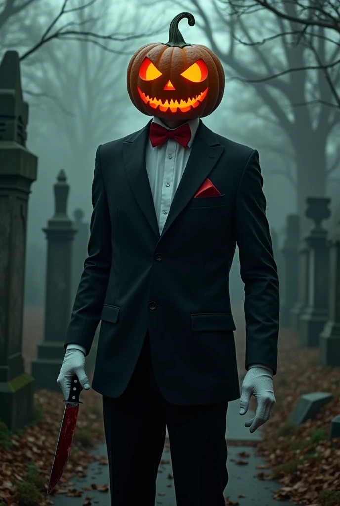 Porter from a horror movie with a person in a black suit and a red bow and with white gloves on his head, a pumpkin and a knife with blood and an abandoned cemetery in the background