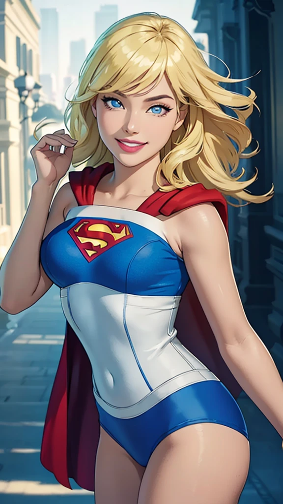 Supergirl (cape flowing), (best quality,ultra-detailed,photo-realistic:1.37),bright and vibrant colors,studio lighting,playful expression,stylish makeup, Lime,Blonde hair flowing in the wind,alluring eyes,glossy lips,sexy pose, smiling in a confident and seductive way,posing for a professional photoshoot,shallow depth of field,highlighting the main subject,soft natural lighting,creating a dreamy and magical atmosphere.