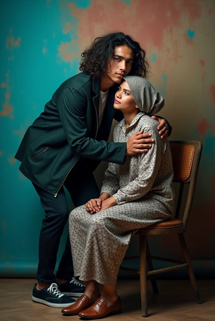 Photography of a 20 year old Asian guy with long curly hair wearing a cool jacket, trousers and shoes, hugging a 3 Indonesian mother sitting on a chair wearing a cool kebaya with a cool background.
