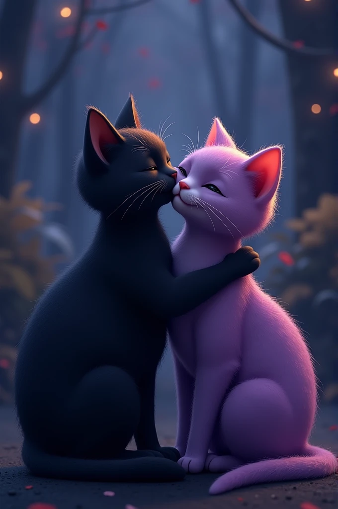  black male cat hug and kiss purple female cat  with eyes close and soft smile beautiful night background, wallpapers size 16:5,look natural 