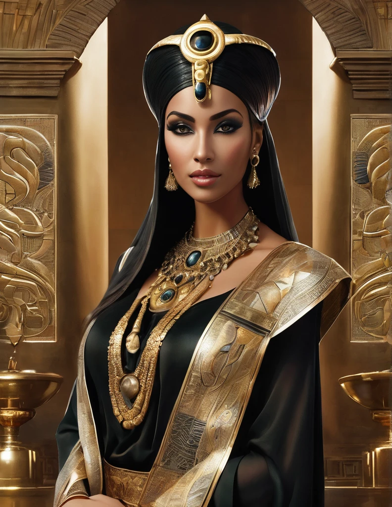 elegant snake priestess, serpentine features, mesmerizing golden eyes with slit pupils, delicate yet stern facial features, hidden venomous fangs, ebony serpent scales visible on her arms, hips, abdomen, regal yet practical robed attire, feline grace with an underlying tension, embodiment of ancient Stygian mysticism, magic and mystery, (best quality,4k,8k,highres,masterpiece:1.2),ultra-detailed,(realistic,photorealistic,photo-realistic:1.37), dark fantasy, cinematic lighting, dramatic colors, atmospheric, chiaroscuro
Anumkhet, a striking and powerful hybrid priestess, stands in the sacred sanctuary of Seth, adorned in luxurious Egyptian-style garments inspired by Nefertiti. She wears flowing black silk clothing, elegantly draped with sand-colored fabric that accentuates her sculptural form. The garments are detailed with intricate Egyptian patterns, fitting closely to her measurements of 105-110 cm bust (F cup), 70-75 cm waist, and 105-110 cm hips, highlighting her divine femininity. Her long, dark hair cascades around her shoulders, and she is crowned with a golden headdress adorned with serpents and the symbol of Ra. The sacred space is bathed in a dim, gothic ambiance with deep shadows and muted, sandy tones. The atmosphere is heavy with an eerie, reverent silence, as ancient runes and serpent motifs adorn the stone walls, illuminated only by flickering torches. The entire scene emphasizes her divine presence and the blend of gothic and Egyptian influences.