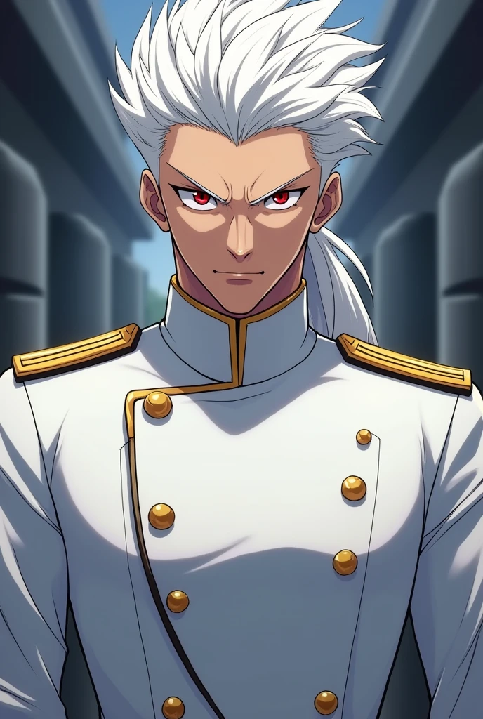 Anime male military leader with white hair and red eyes, wearing a white uniform