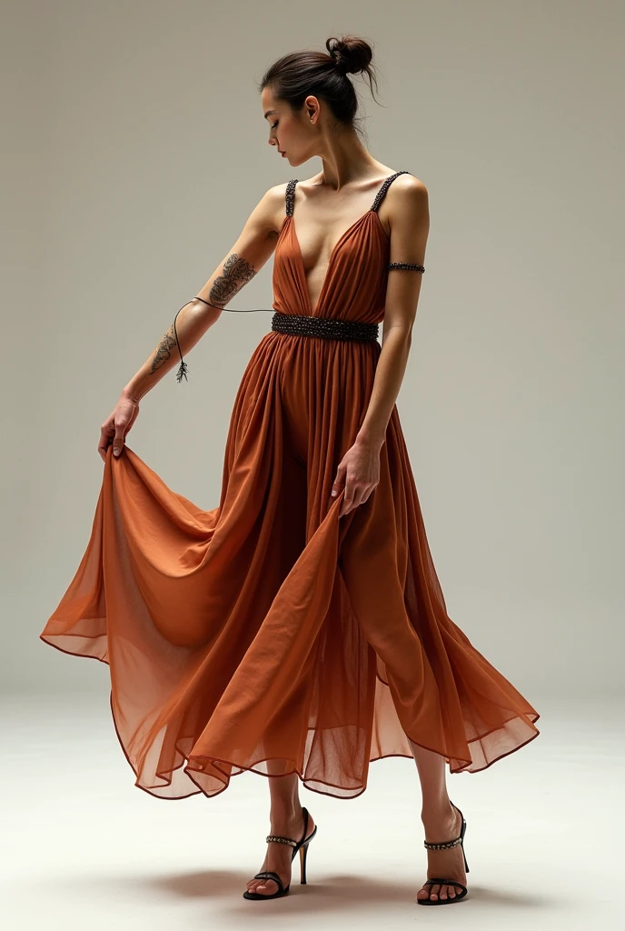Make me a sketch of a costume, for Carmen, a work of modern ballet and contemporary dance. I want a costume for a gypsy, who reads the letters, A bit with traditional gypsy colors and shapes but a bit minimalist, without so many details