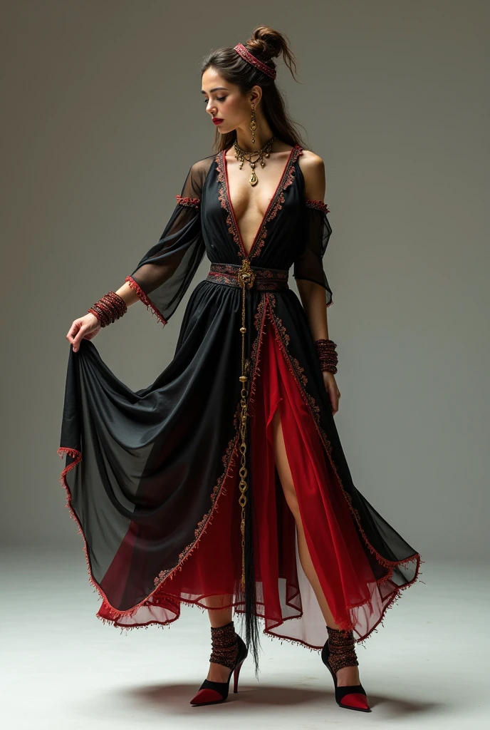 Make me a sketch of a costume, for Carmen, a work of modern ballet and contemporary dance. I want a costume for a gypsy, who reads the letters, A bit with traditional gypsy colors and shapes but a bit minimalist, without so many details