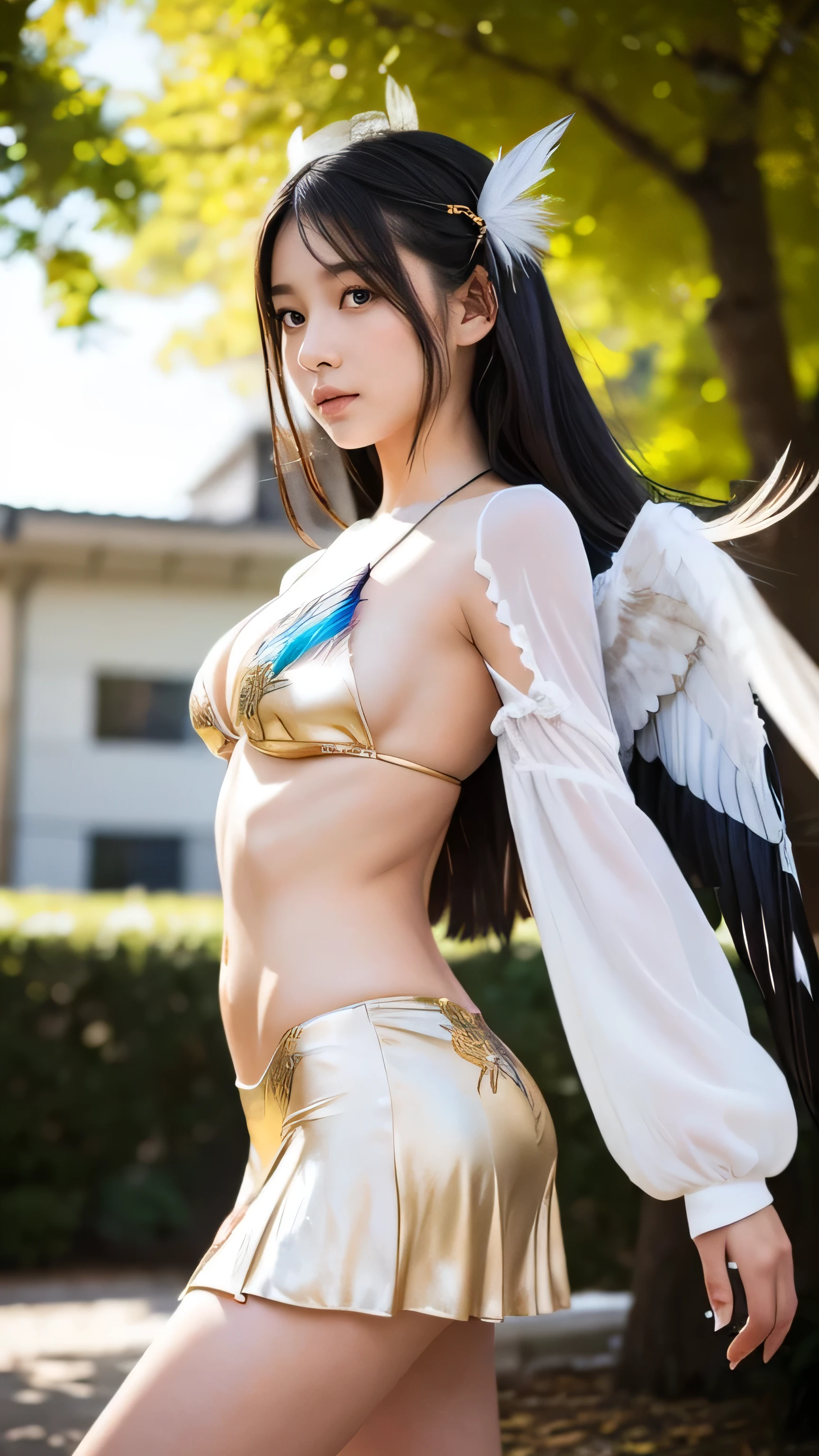 She wears a sleek, stylish bikini that perfectly complements her ethereal appearance. The bikini is designed with intricate patterns that mimic traditional Japanese motifs, such as delicate floral designs and subtle fox imagery, all highlighted with shimmering gold accents that catch the light. The bikini's fabric has a soft, flowing quality, almost as if it’s woven from the very essence of her tails. **Prompt:** Create an ultra-realistic 8K resolution image of a Harpy reimagined as a beautiful high school girl, while retaining her iconic avian features. The Harpy's fierce, bird-like beauty is seamlessly integrated into the appearance of a high school student. She has large, captivating eyes with a sharp, intense gaze, and her hair, resembling soft feathers, flows down gracefully. Her skin has a subtle, iridescent sheen that hints at her mythical origins, and her ears have a slight, elegant point, reminiscent of a bird's keen hearing.
She is dressed in a traditional Japanese school uniform, but with slight modifications that reflect her avian nature. The uniform has delicate feather-like designs woven into the fabric, and her sleeves and skirt have a slight flare, resembling the flutter of wings. Her slender arms and legs are lightly covered in soft, downy feathers, adding a unique, ethereal quality to her appearance.
Her wings, partially hidden but still visible, add a majestic and otherworldly touch, extending slightly from her back, ready to unfurl at a moment’s notice. Her feet are subtly talon-like, giving her a graceful yet wild appearance, perfectly balanced between human and mythical.
The background shows a serene high school courtyard, with sunlight filtering through the trees and casting dappled shadows. The Harpy-girl stands confidently, her wings slightly unfurled, her expression a mix of innocence and untamed spirit. The image captures the perfect blend of human beauty and mythical majesty, presenting a Harpy as a stunning high school girl.