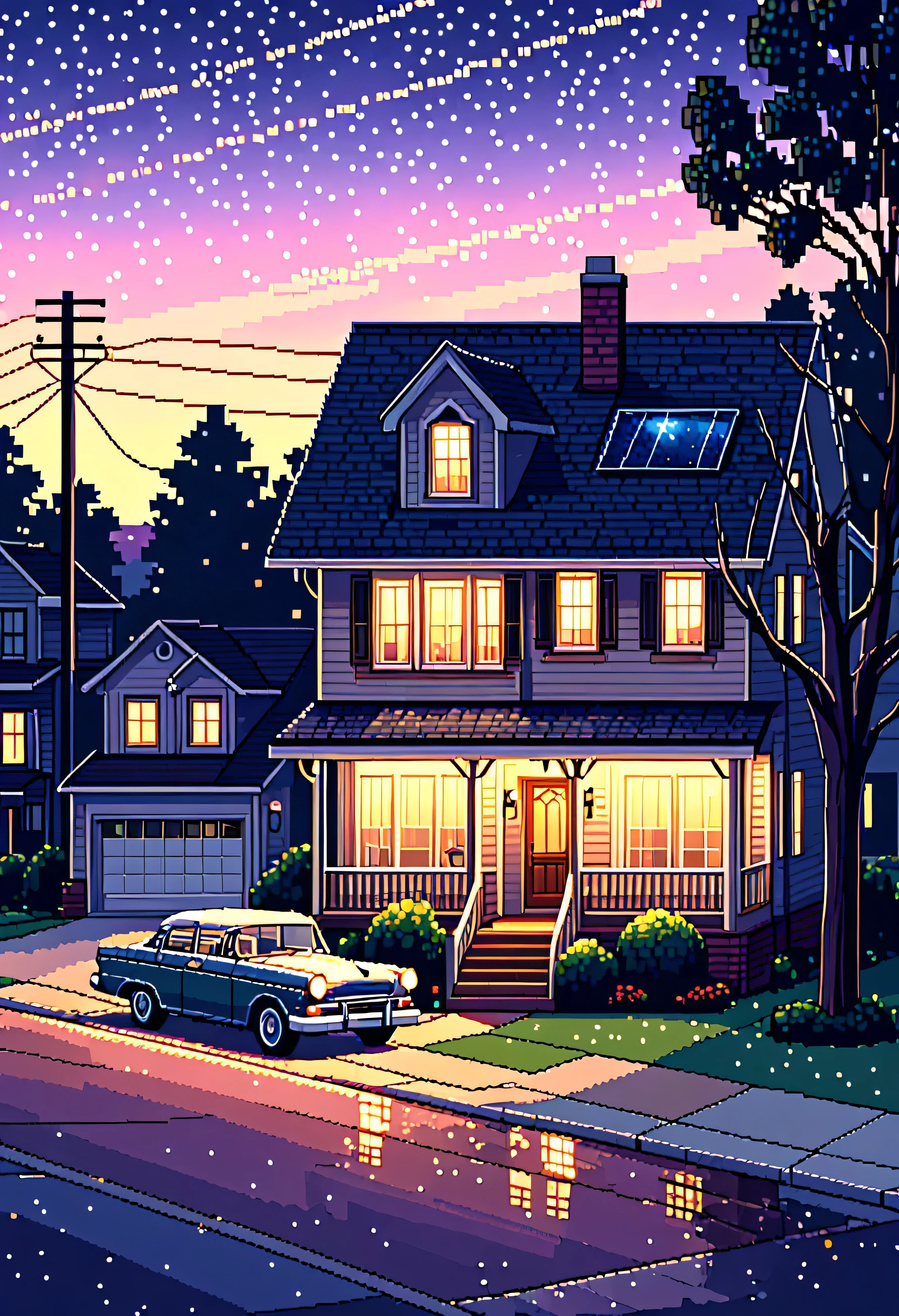 "Pixel art of a quiet suburban neighborhood street at dusk, with a vintage car parked in the driveway of a house. Warm lights glow from the windows, and a starry night sky twinkles above