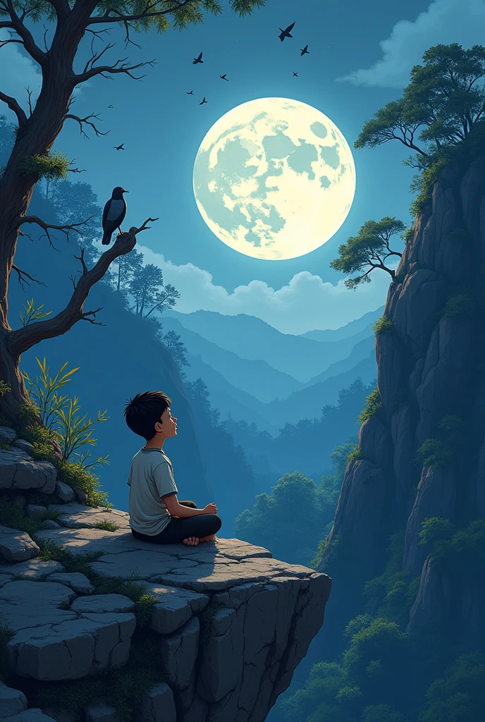 Draw a sketch of a boy sitting on a mountain clif on full moon night and chanting add trees and birds on the branches of the trees