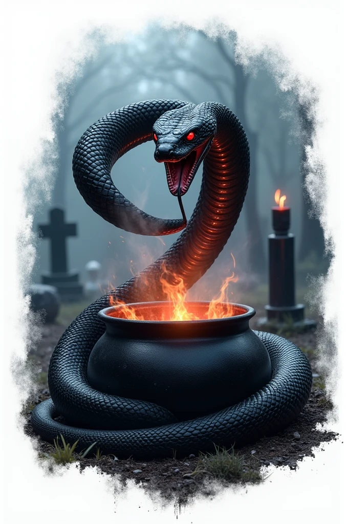 Black snake logo on white background, viper, Lair, cauldron, realisitic, Black Snake, Spell, cauldron, black manba viper snake, Eyes red, fire, cemetery, smoke, a snake, white background, perfect snake, logo, cemetery black candle lit cemetery, white background, Cauldron with fire