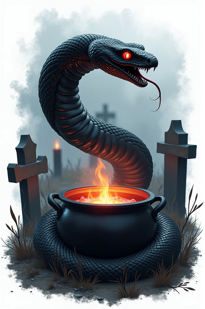Black snake logo on white background, viper, Lair, cauldron, realisitic, Black Snake, Spell, cauldron, black manba viper snake, Eyes red, fire, cemetery, smoke, a snake, white background, perfect snake, logo, cemetery black candle lit cemetery, white background, Cauldron with fire