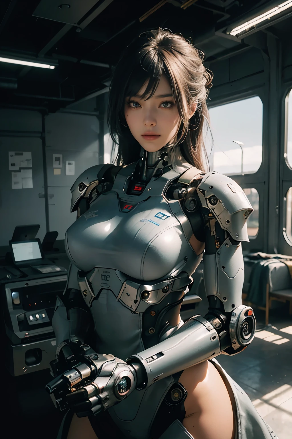 Textured skin, Super Detail, high details, High quality, Best Quality, hight resolution, 1080p, hard disk, Beautiful,(cyborgs),beautiful cyborg woman,Mecha Cyborg Girl,Battle Mode,Girl with a Mecha Body,Able to launch missiles from the chest,You can shoot a machine gun from both hands