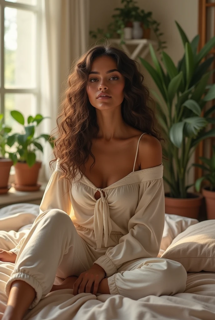 (photorealism:1.2), beautiful woman, sitting on bed, wearing loose off-shoulder top, pajama pants, long curly hair, indoors, soft lighting, plants in background, window with sunlight, cozy room, relaxed pose, realistic, intricate details, warm colors,
