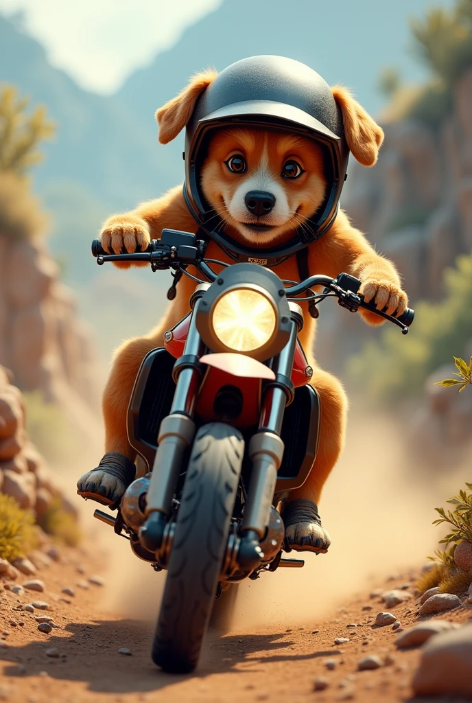 A dog wearing helmet driving bike in offroad looking real very fast