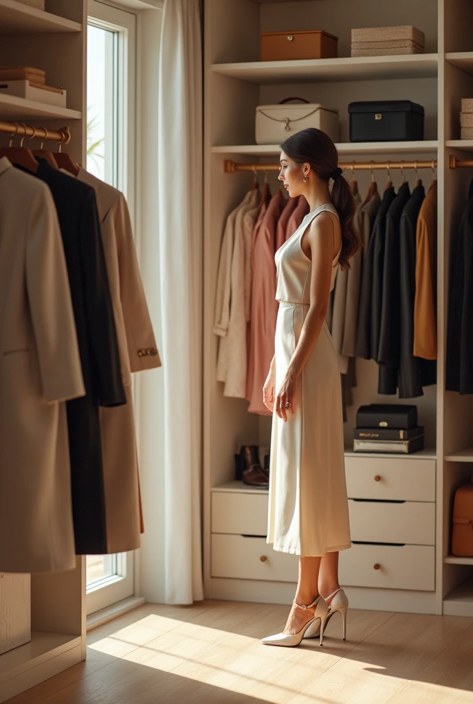 A woman with a lady's body, but elegant choosing between different clothes in an organized closet, showing options for different work environments