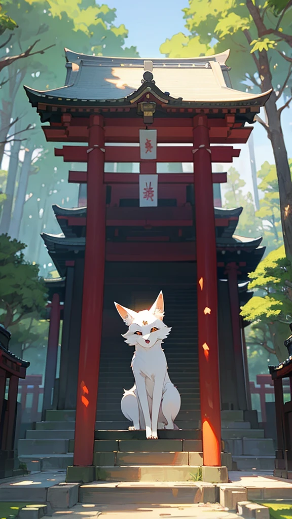 Japanese shrines and、In the middle of the shrine, a white fox is looking at you. There are lots of trees around Please draw these in pixel art style