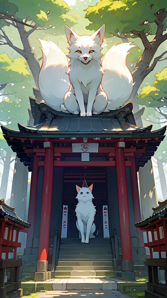 Japanese shrines and、In the middle of the shrine, a white fox is looking at you. There are lots of trees around Please draw these in pixel art style