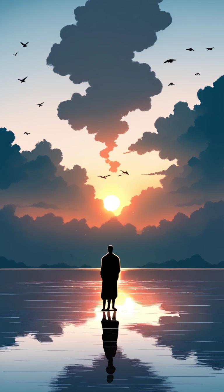 A man in a black bodysuit stands in the smoke, Priapus, Dark Black, Dark black skin, Buzz Cut, His muscles are very developed, Very tall, short hair, Blend into the smoke, Lake, Reflection, Sunset, Sunset, Bird, plum bossom, Man silhouette, Chinese, black and white, Simple style
