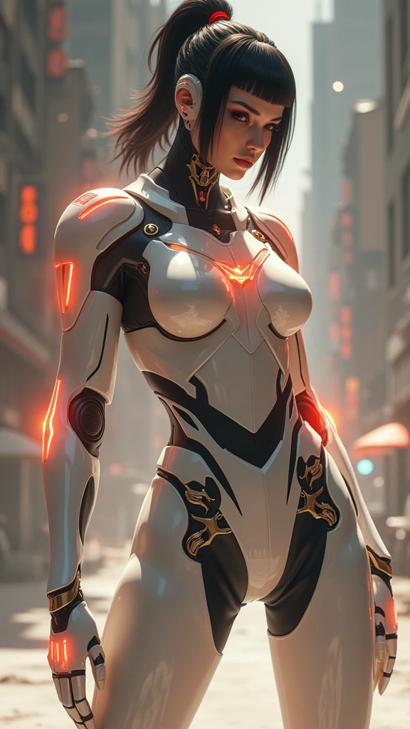 a woman in a futuristic suit with a glowing head and chest, cyberpunk art inspired by Marek Okon, cgsociety contest winner, digital art, gynoid cyborg body, girl in mecha cyber armor, cyber suit, cybersuit, in white futuristic armor, cybersuits, diverse cybersuits, gynoid body, echo from overwatch, perfect anime cyborg woman