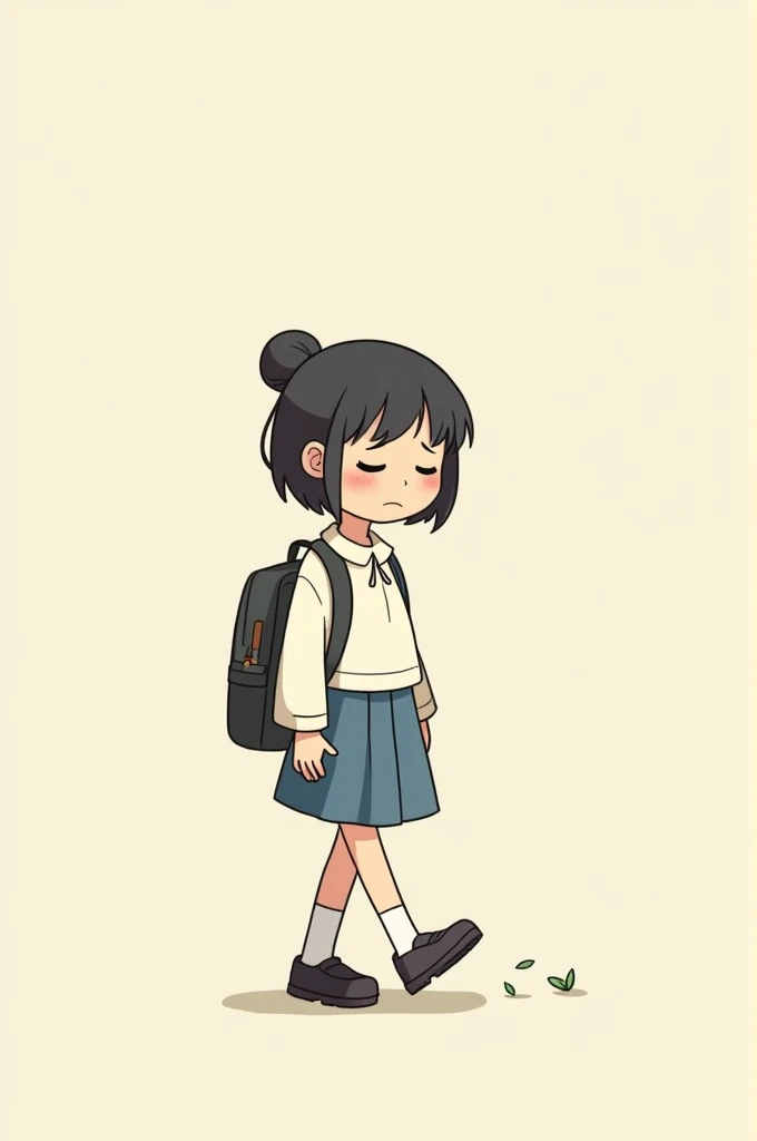 Girl walking going to school sad face
(cartoon) (ONE bun hair) half body