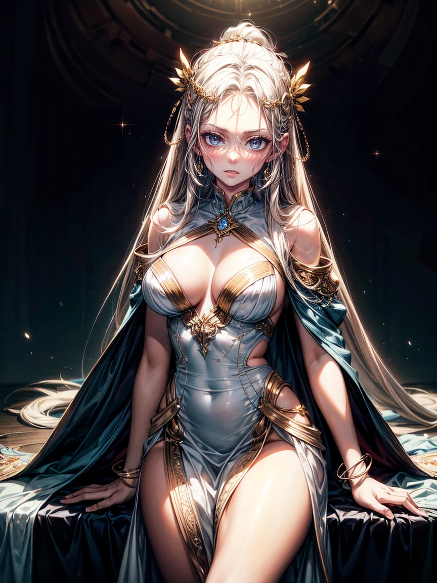 masterpiece,highest quality,Ultra high definition, The Goddess Themis, Greek mythology,((Forehead hair)),white hair,,deep brown eyes, white draped robe, scales, (Deep brown eyes), attractive, milf