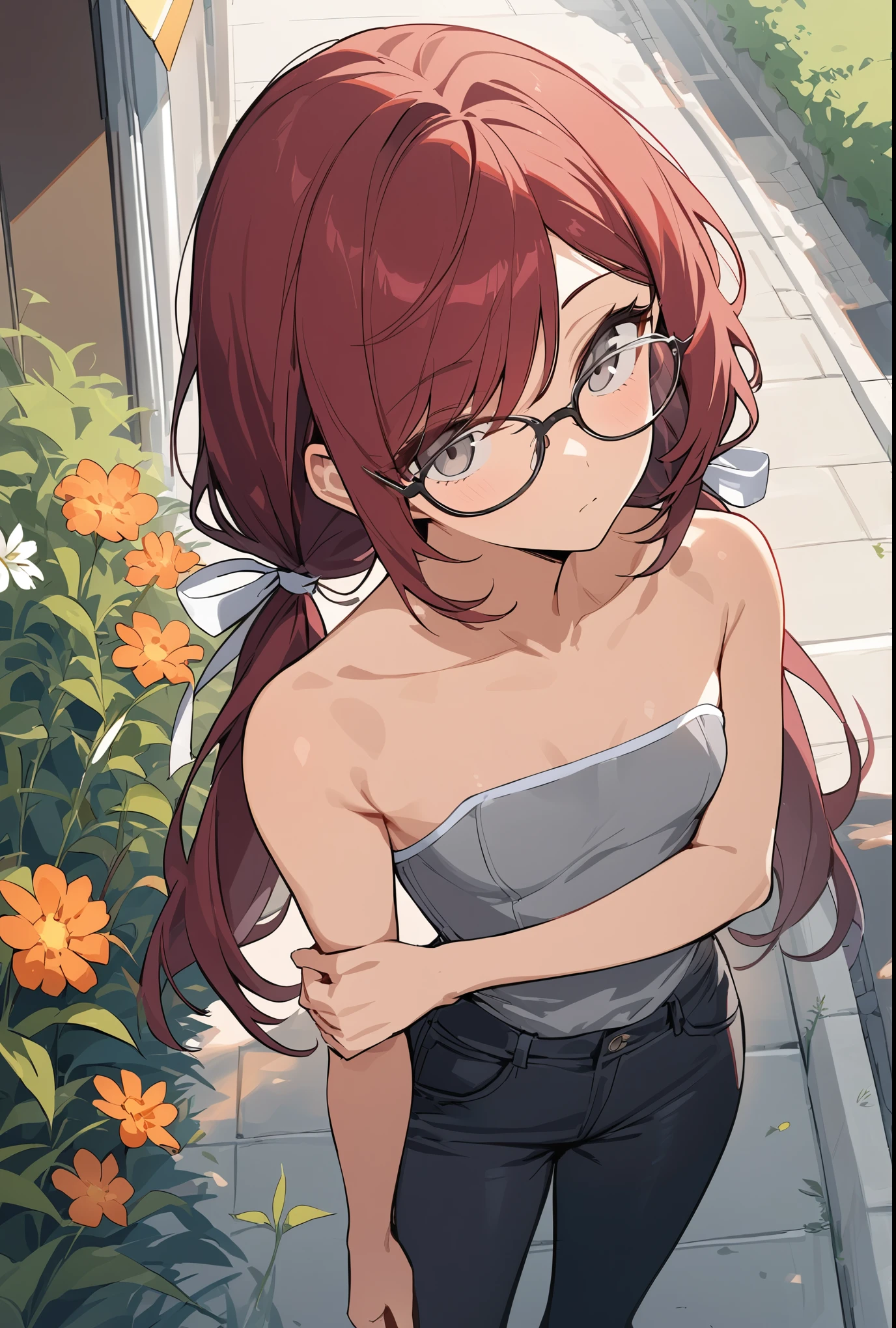 Masterpiece, highres, high Quality, detailed face, from above, over-the-shoulder shot, street, awning, shade, flowers, holding one arm, triceps, head tilt, Gray eyes, dark red hair, swept bangs, low twin tails, glasses, white ribbons, gray strapless shirt with white trim, black jeans, small breasts, toned arms, flowers, sidewalk, weeds,