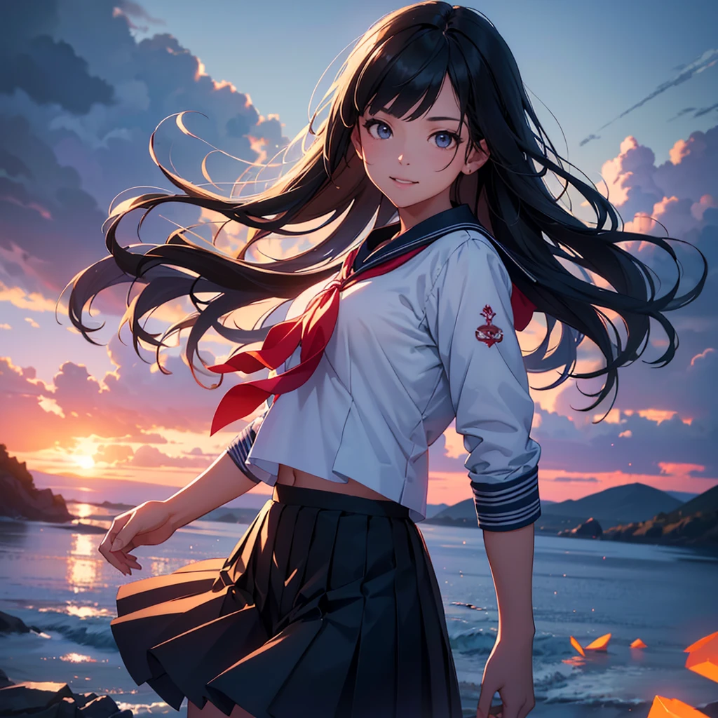 a beautiful young girl in a sailor suit, pleated skirt, and long black hair, smiling happily in a dynamic pose, against a blue sky with cumulonimbus clouds, medium:digital painting, (best quality,4k,8k,highres,masterpiece:1.2),ultra-detailed,(realistic,photorealistic,photo-realistic:1.37),HDR,UHD,studio lighting,ultra-fine painting,sharp focus,physically-based rendering,extreme detail description,professional,vivid colors,bokeh,portraits,landscape,dramatic lighting,cinematic composition,serene,calm,peaceful