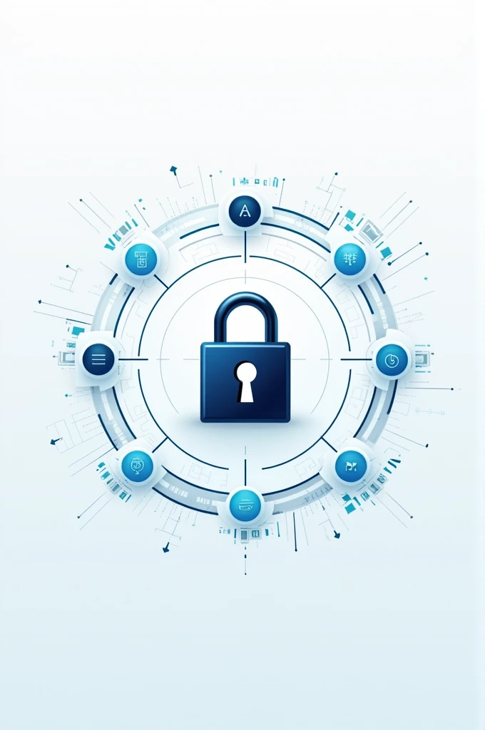 The image depicts a stylized digital lock or padlock within a complex circular interface with various technological and security-related icons and elements. The lock is at the center, suggesting it is the focal point of the design, which could imply concepts of cybersecurity, data protection, or secure digital transactions. The background is a light color, and the overall aesthetic is modern and clean. Make this image as png 