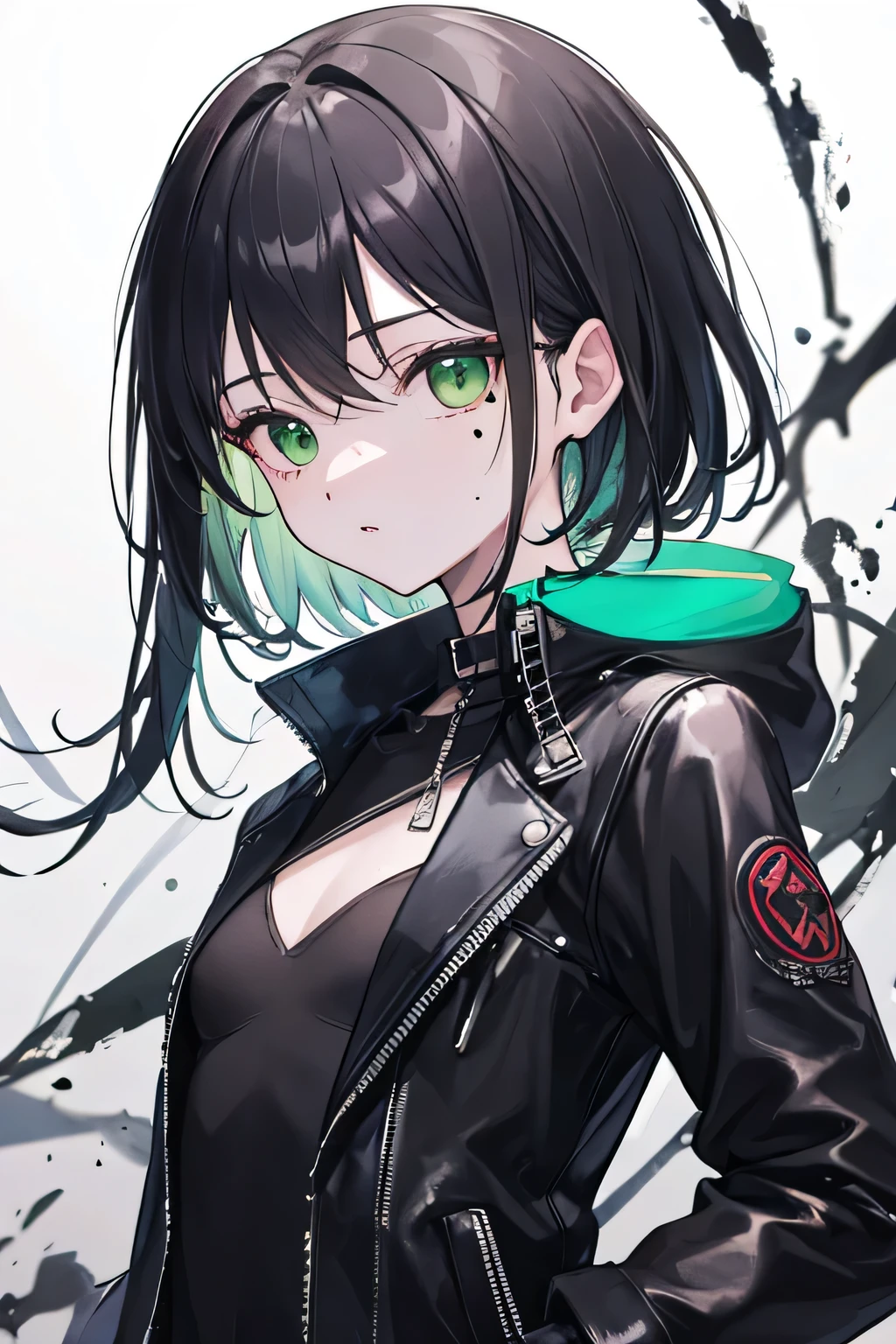 ((Highest quality)), ((masterpiece)), (detailed), One person, Dirty leather jacket, Black clothes,Green Eyes,There are moles on the face,Possess a magic sword,Two-Way,Small breasts,I&#39;m taking a mouse,Black Hair,A listless look