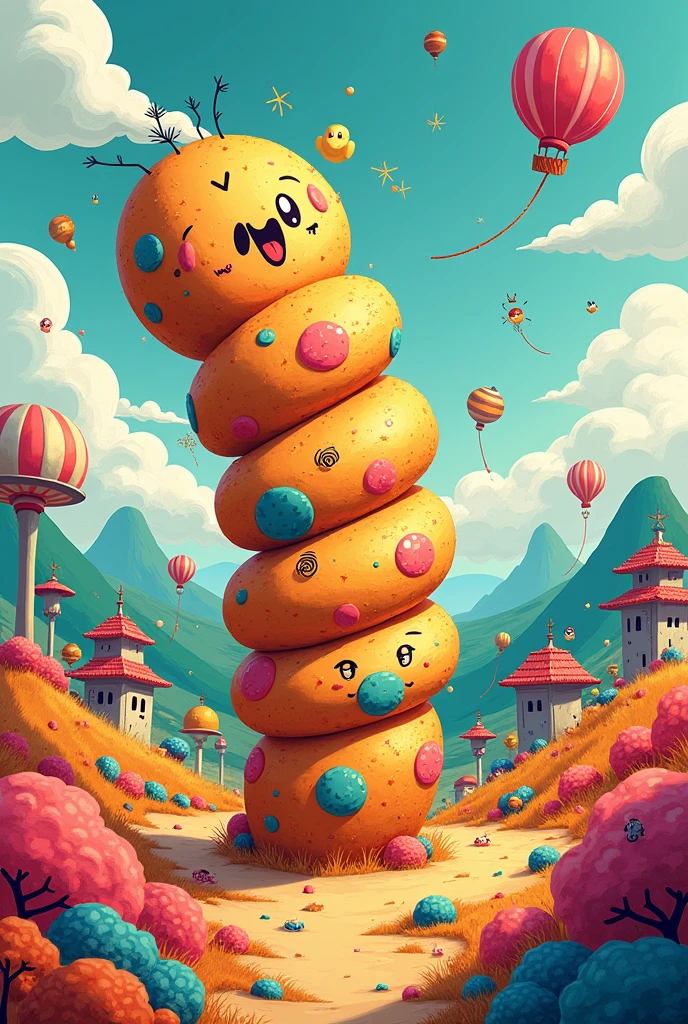 make me a landscape picture that contains a youtiao which has a doodle / street art style, and contains lots of doodles